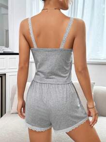 SHEIN 2pcs Teen Girl Minimalist Elegance Lace Trim Bow Decor Camisole And Ruffle Hem Shorts Pajama Set, Summer (2 Sets Sold Separately, Mommy And Me Matching)
