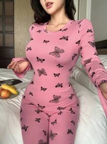 DAZY Butterfly Print Slim Fit Long Sleeve Pajama Set - Pink - View 6