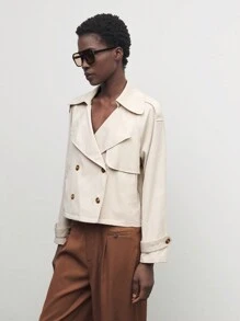 BizChic Khaki Oversized Collar Double-Breasted Loose Short Trench Coat, Autumn - Khaki - View 3