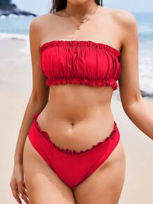 SHEIN Swim Conjunto de bikini de bandeau y Bottom con volantes de unicolor para verano