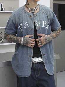 Manfinity Roghcode Men's Button Down Short Sleeve Ombre Letter Print Casual Denim Shirt - Blue - View 3