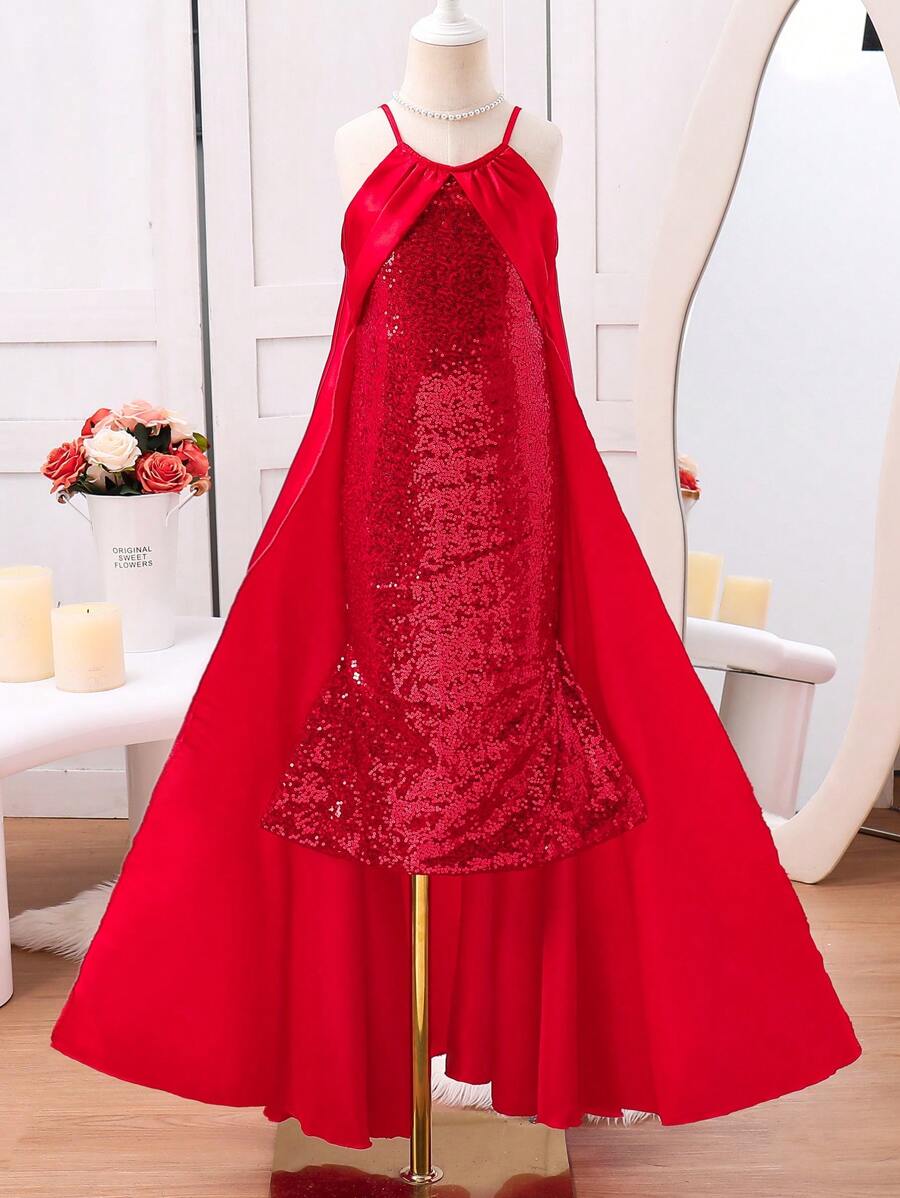 SHEIN Young Girl Sequin Trim Cape Halter Neck Party Dress - Burgundy - View 1