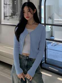 Dazy Tall 女士纯色修身开衫 - 藍色 - 查看 4