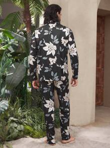 男士花卉印花长袖睡衣套装、睡衣 - 黑色 - 查看 3