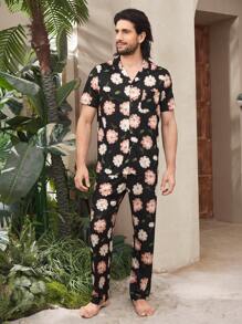 Men's Floral Print Short Sleeve Pajama Set (Shirt & Shorts), Summer Sleepwear - Black - View 5