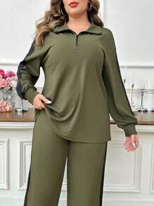 Mulvari 加大码 2 件套拉链色块长袖上衣和直筒宽松休闲裤，舒适四分之一拉链运动服套装 2 件套 - 彩色 - 查看 3