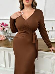 Modelyn 大码 V 领纯色修身休闲长袖连衣裙，优雅奢华派对晚礼服秋冬优雅，秋冬内穿外穿长裙 - 鏽棕色 - 查看 5