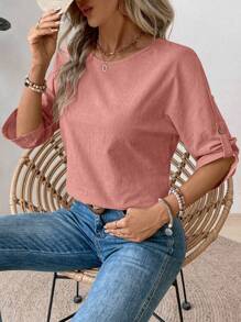 EMERY ROSE 女士基本純色短袖圓領上衣 - 粉色 - 查看 8