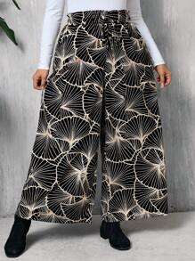 SHEIN LUNE Pantalones anchos casuales rectos de pierna ancha con estampado de hojas de la suerte de talla grande para mujer en otoño