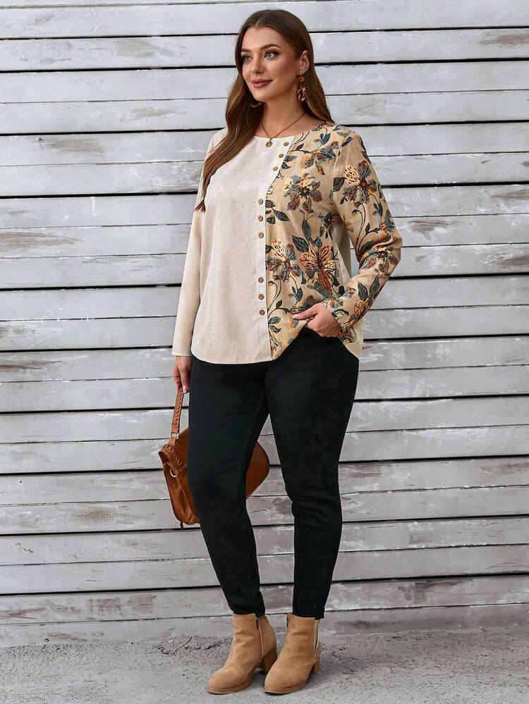 Camisa abotonada con parche floral de talla grande, primavera otoño
