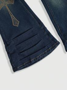 ROMWE Goth Women's Rhinestone Cross Embellished Flared Jeans With Pockets, Fashionable - Blue - View 4