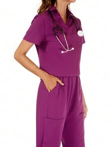 cimmuovere V 领短袖上衣和松紧腰带裤子，配有多个口袋，手术服套装 - 中紫紅色 - 查看 6