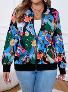 Chaqueta casual con cierre frontal con estampado total para mujeres de tallas grandes, prendas de otoño - Multicolor - Ver 6