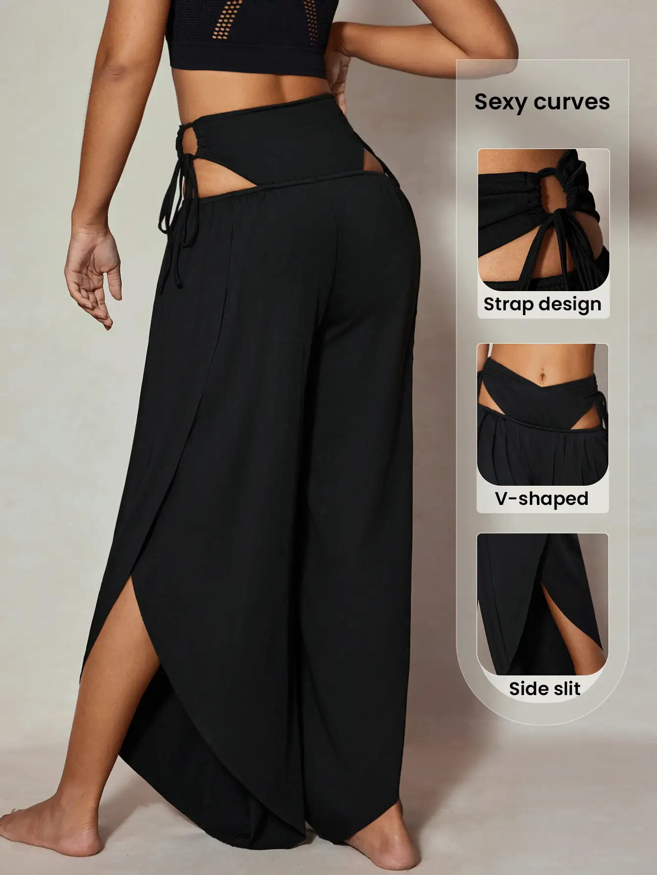 SHEIN Sports 纯色镂空系带阔腿运动裤 - 黑色 - 查看 4