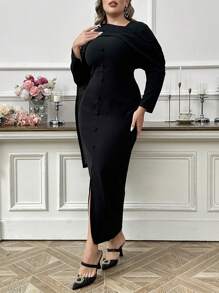 Modelyn Plus Size Spring/Autumn Elegant Solid Color Asymmetric Collar Split Bodycon Dress, For Casual Daily/Holiday/Evening Parties/Wedding Guest - Black - View 6