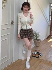 DAZY 女士格子A字迷你裙秋季半身裙 - 咖啡棕 - 查看 9