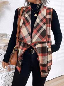 Plus Size Women Plaid Print Asymmetric Hem Pockets Sleeveless Coat, Fall Clothes