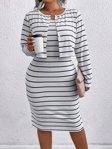 2 Teile Set in großen Größen bestehend aus gestreifter Langarm Strickjacke und ärmelloses Rundhals Kleid - Weiss - Übersicht 3