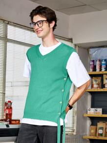 Manfinity Sporsity Chaleco de suéter de punto de unicolor con cuello en V para hombre, casual