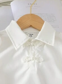 女宝宝中国风马球领纽扣褶皱泡泡袖可爱上衣和休闲宽松裙子套装