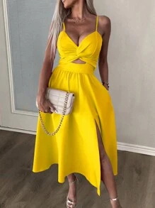 Slaydiva Summer Casual/Date/Holiday Spaghetti Straps Dress, Front Knot And Cut-Out Design, High Slit, A-Line, White Women's Dress -J
