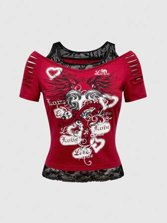Grunge Punk Camiseta de manga corta de verano casual para mujer con estampado de corazón con letra, encaje en contraste y diseño, escolar