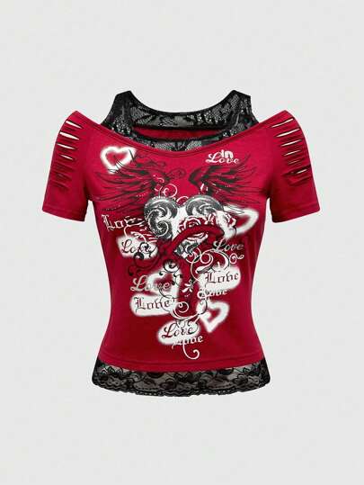 Grunge Punk Damen Sommer Lässig Kurzarm T-Shirt mit Buchstaben-Herz-Muster, Kontrast-Spitze und Design, Schule