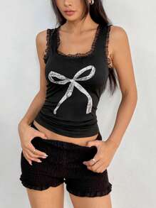 Flirla 女士休闲蝴蝶印花蕾丝边吊带背心，夏季