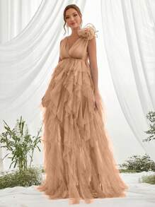 Plunging Neck Sleeveless Mesh Overlay Maternity Prom Party Dress - Champagne - View 4