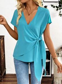 SHEIN LUNE Sơ Mi Slim Fit Cổ Chữ V Thanh Lịch Và Quyến Rũ - Màu xanh lam - Xem 6