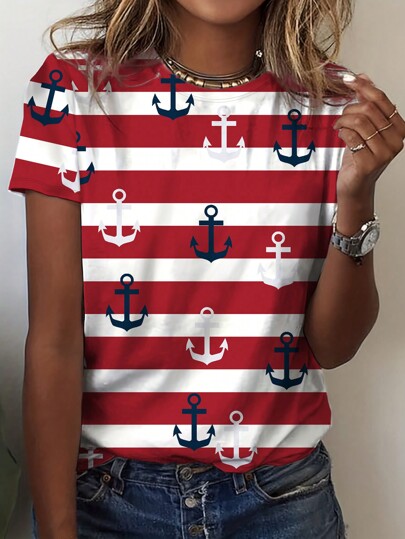 INAWLY 女士休闲圆领锚和条纹印花短袖 T 恤，时尚服装图案 T 恤女式上衣