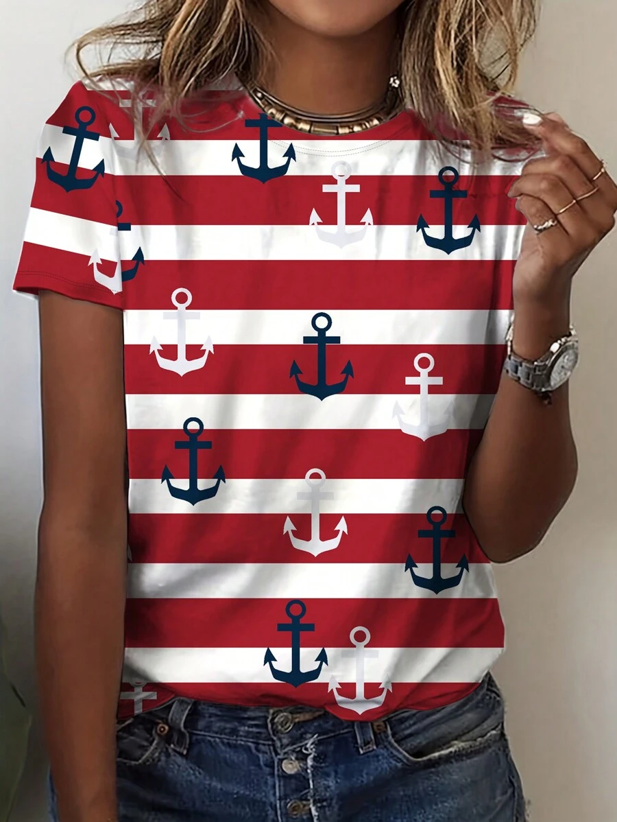Women's Casual Crewneck Anchor & Stripe Print Short Sleeve T-Shirt, Graphic Tees Women Tops - Red - View 1