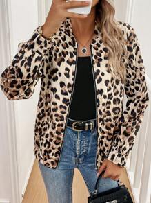 SHEIN LUNE Leopard Print Zip-Up Casual Women's Long Sleeve Jacket