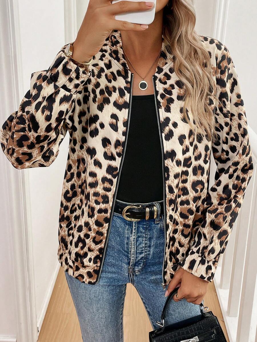 SHEIN LUNE Leopard Print Zip-Up Casual Women's Long Sleeve Jacket