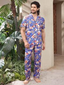 Manfinity ChillVibe Men's Floral Print Lapel Neck Short Sleeve Button-Up Shirt And Pants Home Outfit