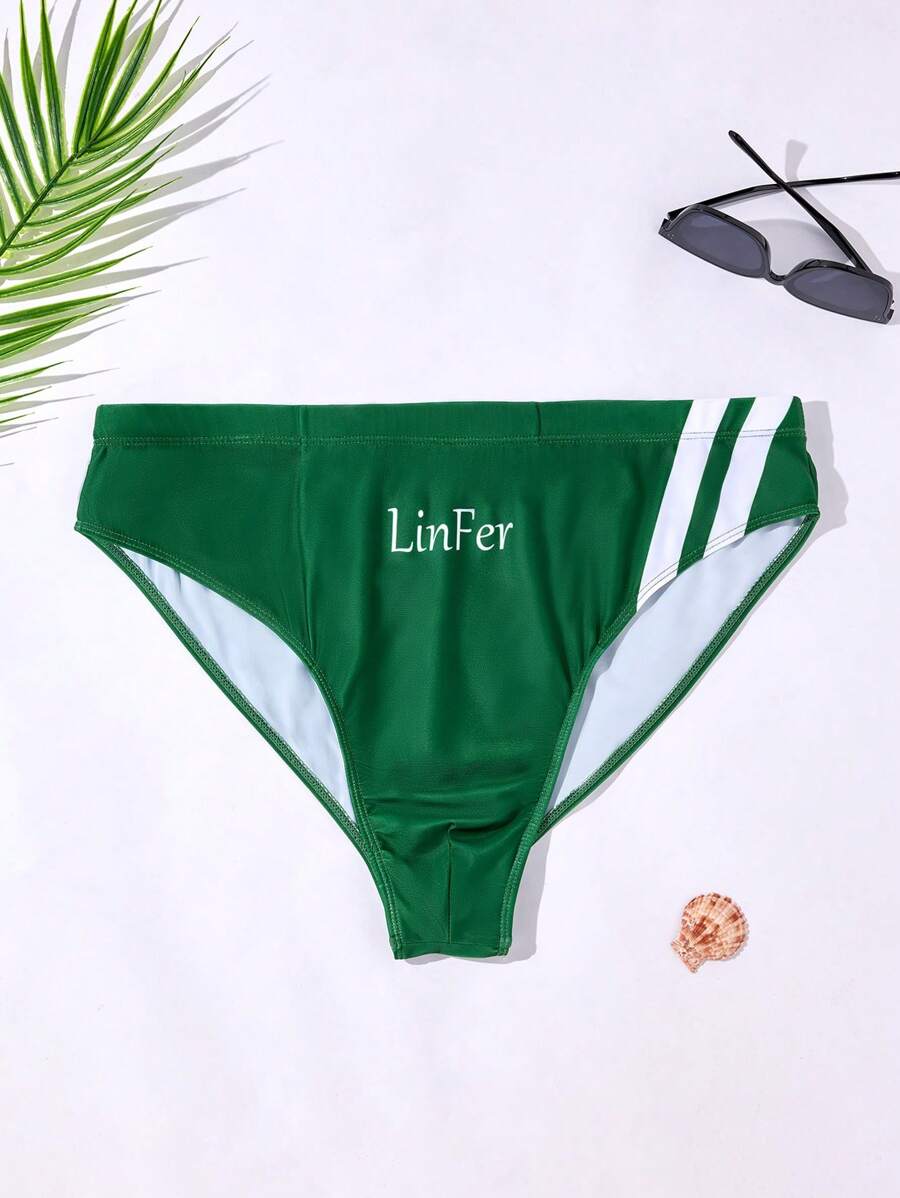 Surfspeed Plus Size Men's Stripe Splice Letter Print Swimming Trunks, Casual Vacation