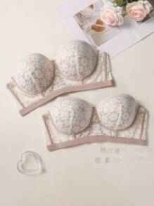 Wedaily 2pcs Plus Size Lace Bra Set With Wire, Lingerie - Multicolor - View 2