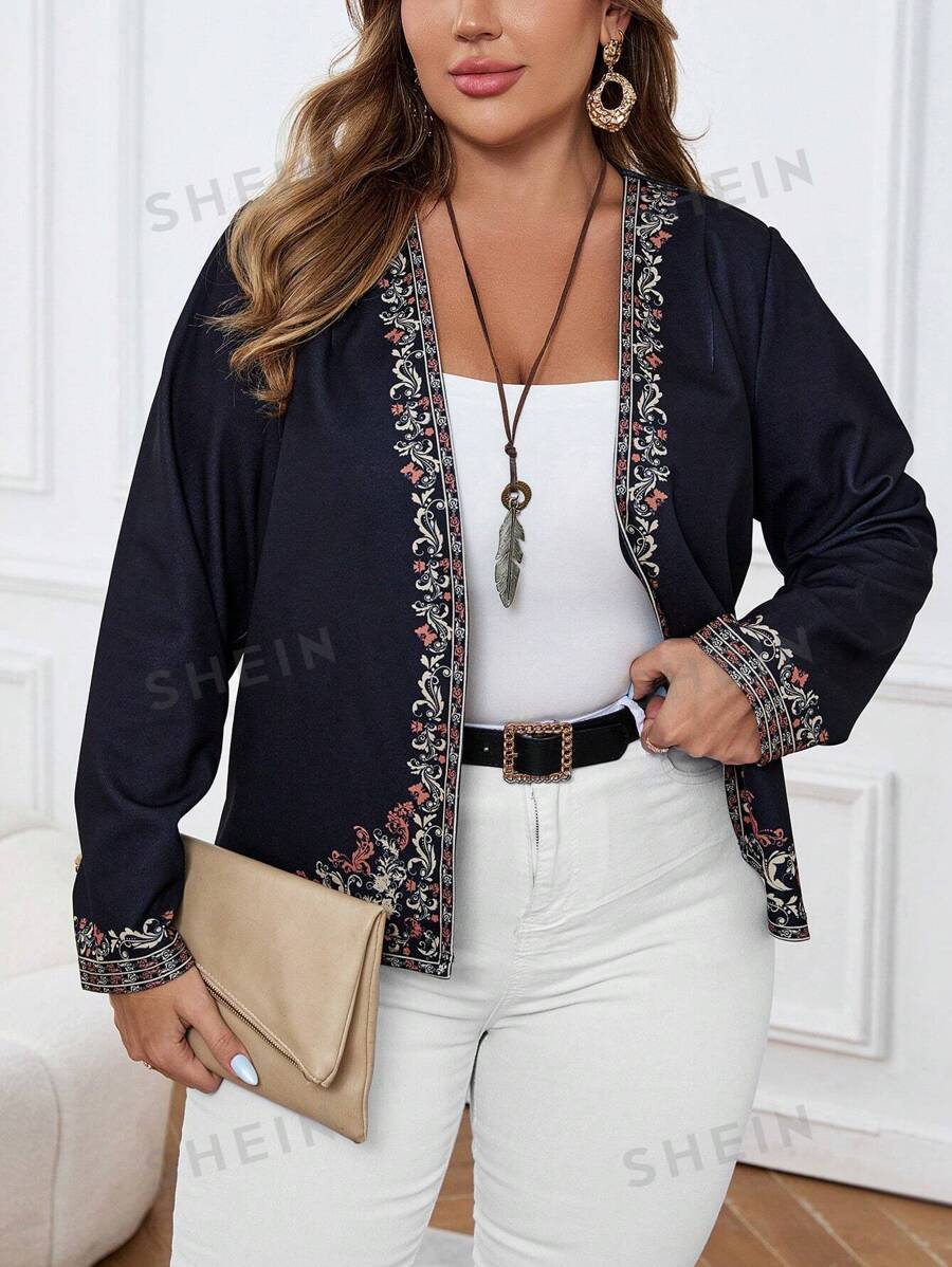 EMERY ROSE Blazer informal de manga larga con estampado, estilo encantador y de moda en tallas grandes - Negro - Ver 1