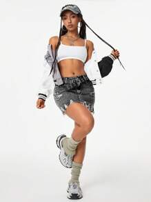 SHEIN EZwear Women's Ripped & Frayed Hem Vintage Washed Denim Mini Skirt, - Black - View 6