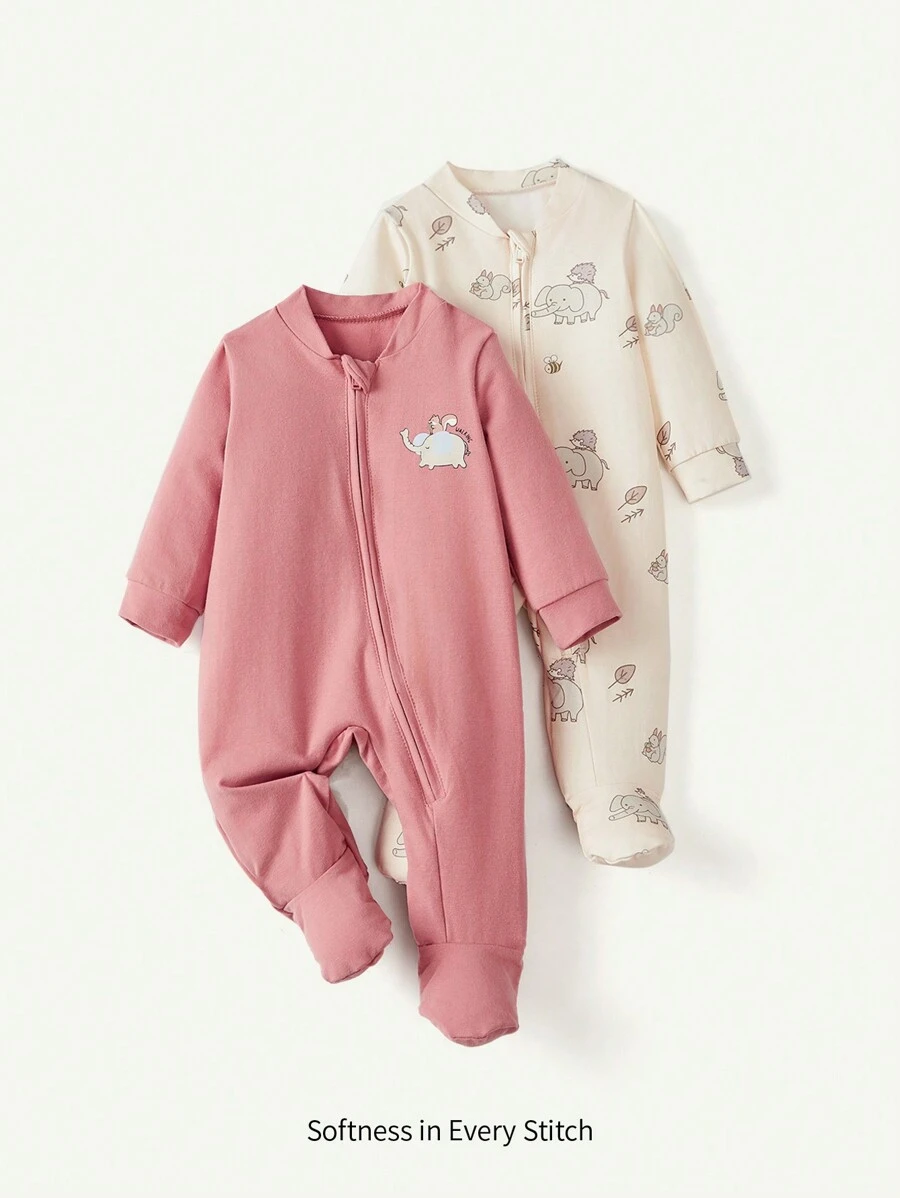 Cozy Pixies Baby Girl 2pcs Cartoon Graphic Zip Up Footed Jumpsuit - Apricot - View 1