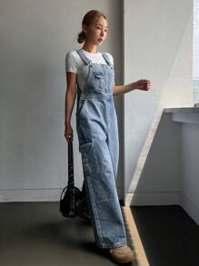 DAZY 女士带口袋牛仔背带裤，直筒宽松休闲舒适连体裤 - 藍色 - 查看 6