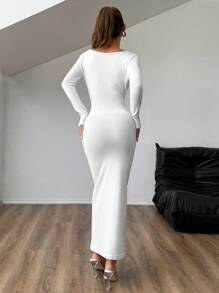 Flirla Áo dài tay dài cổ tròn màu trơn vừa vặn cho nữ, trang phục thường ngày - trắng - Xem 2