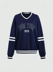 Flirla Women's Color Blocking New York Print Long Sleeve Sweatshirt, Spring & Autumn