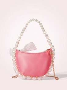 SHEIN MOD Fashion Solid Color Pearl Lace Bow Decor Half-Round Handbag For Women, Cute Bow Bag For Women - Pink - View 4