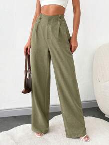 SHEIN Tall Tall Women Front Two Sided Button Detailed Linen Pants - Green - View 1