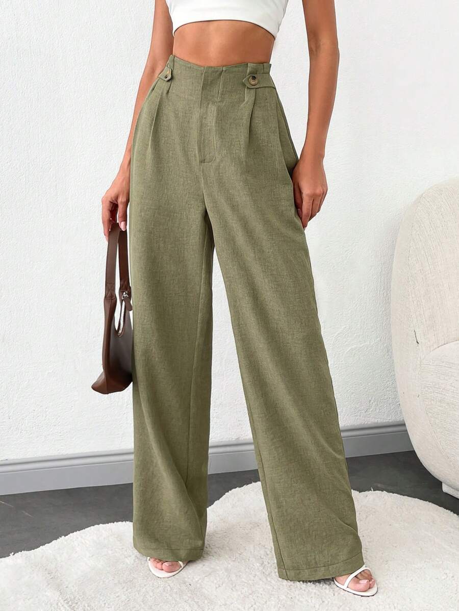 SHEIN Tall Tall Women Front Two Sided Button Detailed Linen Pants - Green - View 1