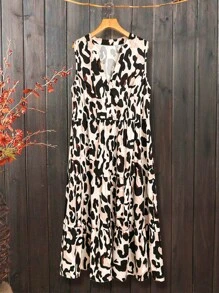 Vestido veraniego de talla grande con estampado de leopardo aleatorio para mujeres, escote en V, sin mangas y suelto