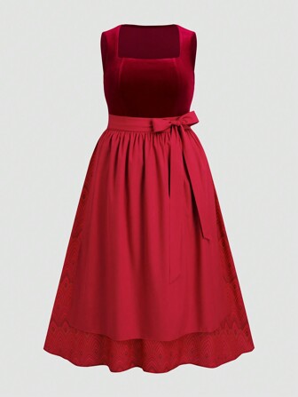 Fairmaia 传统德国天鹅绒拼接无袖 Dirndl 连衣裙，带围裙，加大码 Dirndl 服装，适合慕尼黑啤酒节