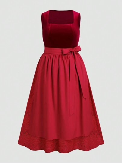 Fairmaia Traditionell tysk sammetspanel Ärmlös Dirndl-klänning med förkläde, plusstorlek Dirndl-kläder, för Oktoberfest