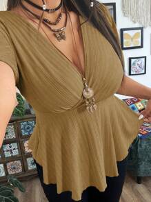 Flirla Kaos Ukuran Besar Leher V Lengan Ruffle Hem Pendek - Coklat - View 8